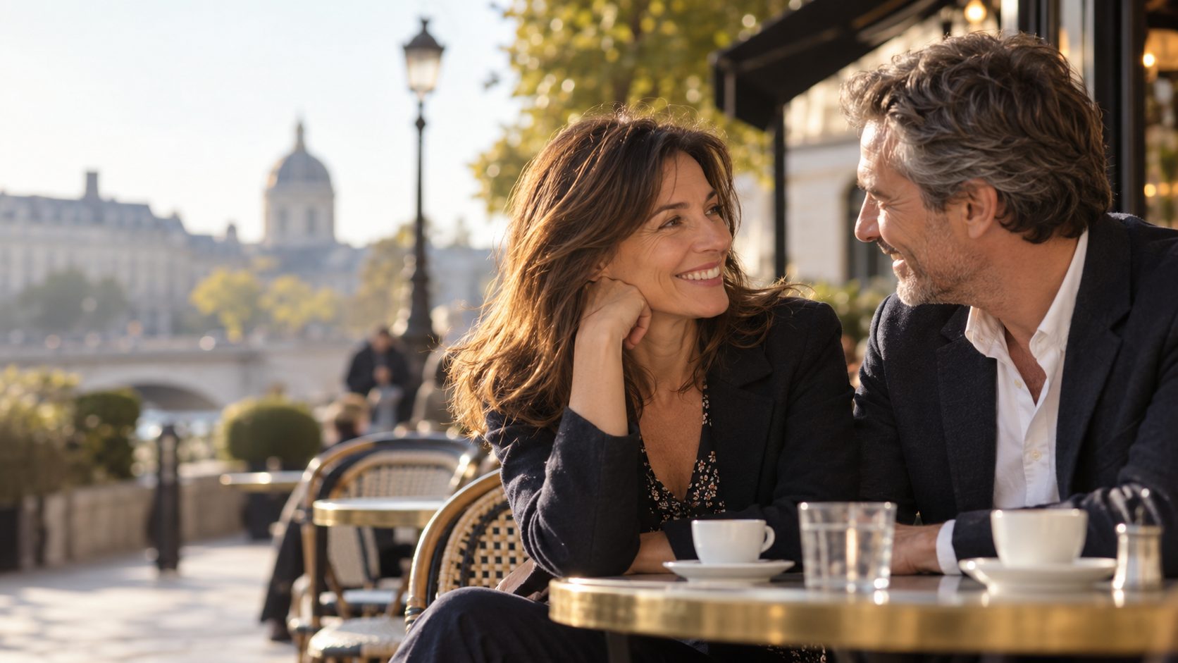 Un couple échange autour d’un café en terrasse